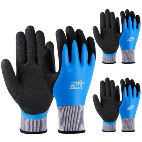 Gants de Travail 3 Paires, Polyvalent Jardinage, Revêtement Latex Double 100% Étanche, Excellente Adhérence, Résistant à l'Usure et la Déchirure, Confortable Respirant, M Paires - Bleu