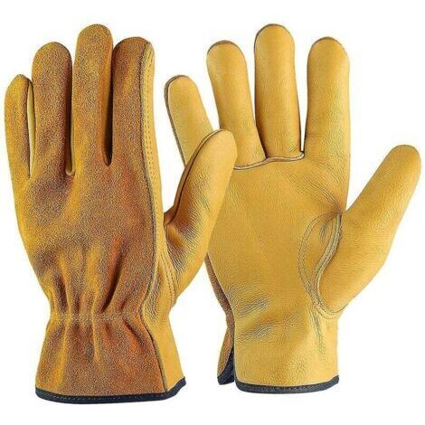 Gants de Travail en Cuir de Vache,pour Chauffeurs, Bricolage ,Jardinage, Stockage, Travaux Agricoles, Multifonctions (XL, Jaune)