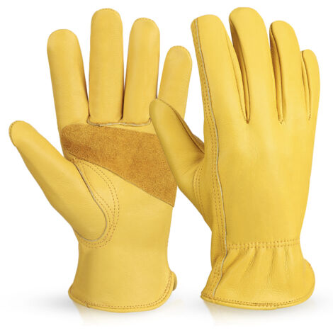 Gants de travail en cuir de vachette, résistants à la chaleur et antidérapants, idéaux pour le camping, la menuiserie, la soudure et le jardinage - Taille M - 1005 Jaune