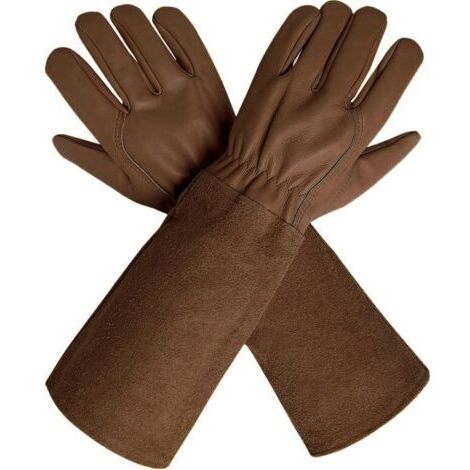 Gants d'Élagage en Cuir de Vache, Manches Extra Longues, Résistants aux Épines pour Jardinier, Taille Small Marron