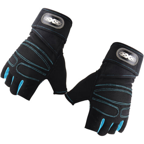 Gants demi-doigts musculation homme - Protection poignet fitness bleu clair taille M
