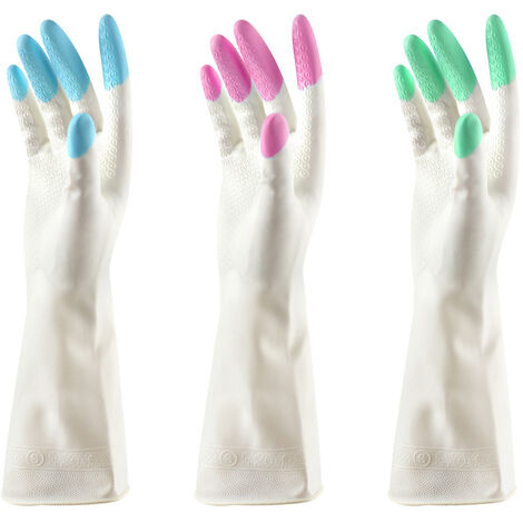 Gants en Caoutchouc- Gants de vaiselle - Paquet de 3 Paires de Gants de Jardinage pour Hommes et Femmes- Gants Multifonctions pour la Maison Anti-dérapants - Rose Vert & Bleu- Large