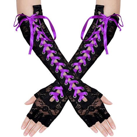 Gants en dentelle gants de coude longs pour fête costumée chauffe-bras à lacets, accessoire de faveurs de costume de fête violet