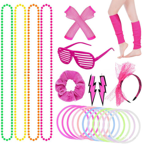 Gants en filet de pêche rose, bandeau à nœud en dentelle, collier, bracelet et élastique à cheveux arc-en-ciel, ensemble pour bal de promo années 80