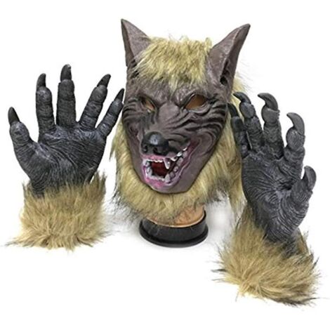Gants et masque de loup-garou pour adulte, costume d'Halloween ou de Mardi Gras