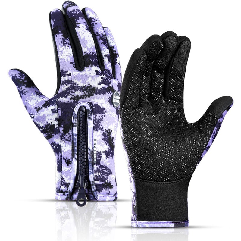Asupermall - Gants Impermeables D'Exterieur, Gants De Ski D'Alpinisme En Polaire Chaude Et Coupe-Vent A Glissiere, Camouflage Violet Taille L
