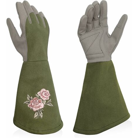 Gants Jardinage Femme Cuir, Anti-Piqûre avec Manche Longue, Gants de Jardin femme Elegant avec Broderie Exquise, Olive/Rosé/Rouge/Bleu/Vert,Gant de Jardinage Taille 6 7 8 9