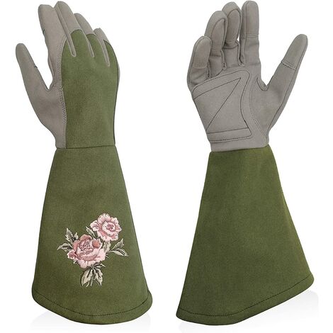 Gants Jardinage Femme Cuir,Anti-Piqûre avec Manche Longue, Gants de Jardin femme Elegant avec Broderie Exquise, Vert,Gant de Jardinage Taille L