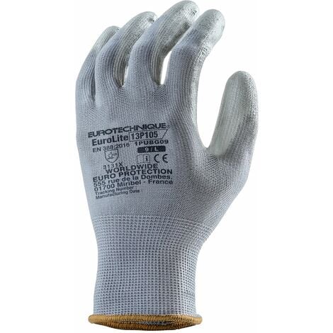 Gants Manutention EUROLITE 13P105 polyester gris end PU gris - 1 paire Taille 9