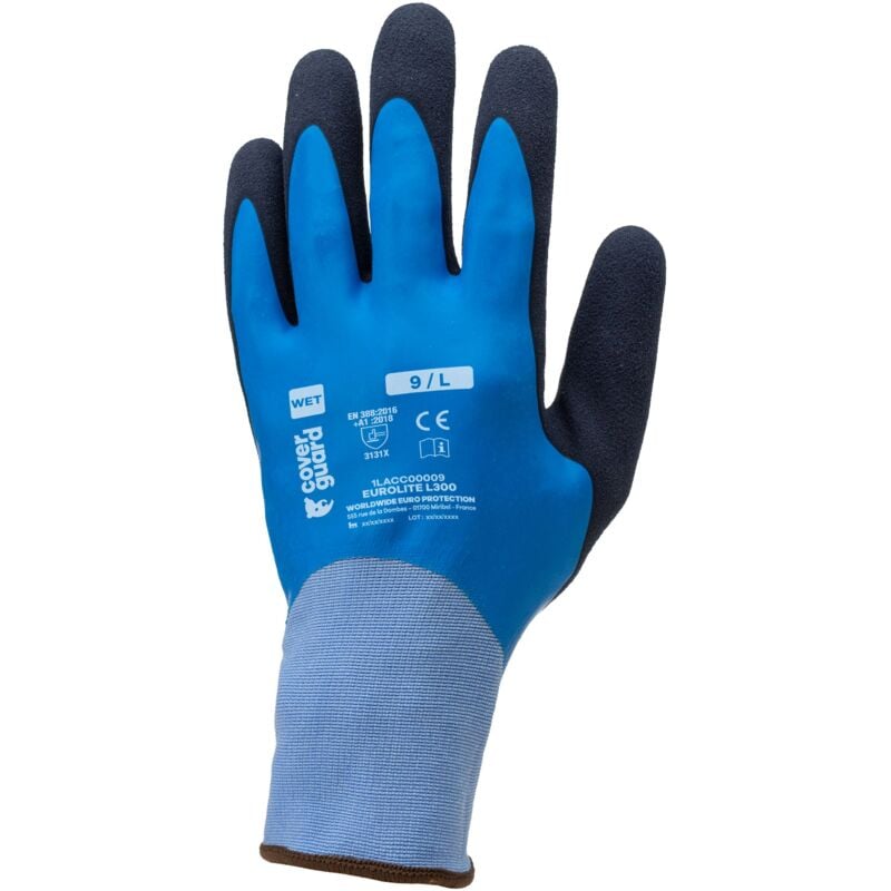 Lot de 10 - Gants Manutention EUROLITE L300 - 15G LATEX BLEU DOUBLE ENDUCTION - MAIN COMPLETE - PAUME SANDY Taille 8