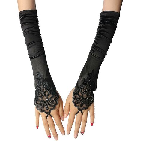 Gants noirs Gants longs Accessoires des années 1920 Costume Gants sans doigts pour femmes Accessoires des années 20 Gants classiques en satin longueur coude