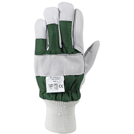 gants pour travaux forestiers. dos de l'index et du pouce en cuir fleur de vachette. doublure molleton. poignet tricoté de 7 cm.