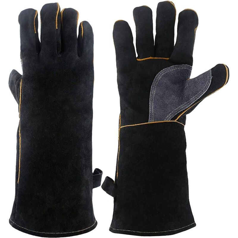 Gants RéSistant Une la Chaleur ExtrêMe et Au Feu, Cuir, avec Surpiqures, Mitaines Parfaites pour CheminéE, PoêLe, Four, Grill, Soudage, BBQ, Mig,