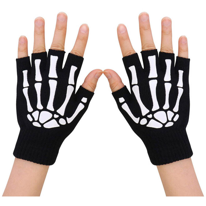 Gants Squelette Lumineux Unisex - Mitaines Tricotées Hiver sans Doigts