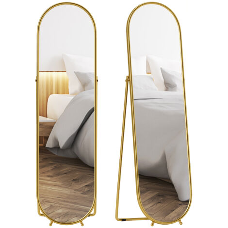 Ganzkörperspiegel mit Klappständer aus Glas und Metall, Gold, 50 x 4 x 180 cm. Edles Design, stabil, freistehend oder wandmontierbar für Ankleide- oder Schlafzimmer.