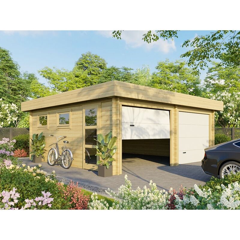 Direct Abris - Garage Bois 2 Voitures chavagnac - Epaisseur des murs : 44mm - Portes Sectionnelles - Porte de Service - Fenêtres Double Vitrage