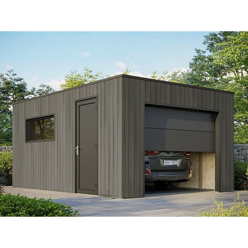 Direct Abris - Garage Composite silverstone - Bardage Couleur Ardoise - Surface : 20m2 - Porte Sectionnelle Motorisée - 2 télécommandes - Double