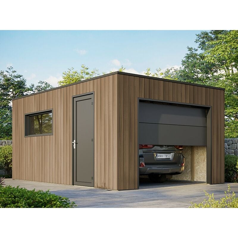 Direct Abris - Garage Bois Composite silverstone - Bardage Couleur Teck / Teak - Surface : 20m² - Porte Sectionnelle Motorisée - 2 télécommandes