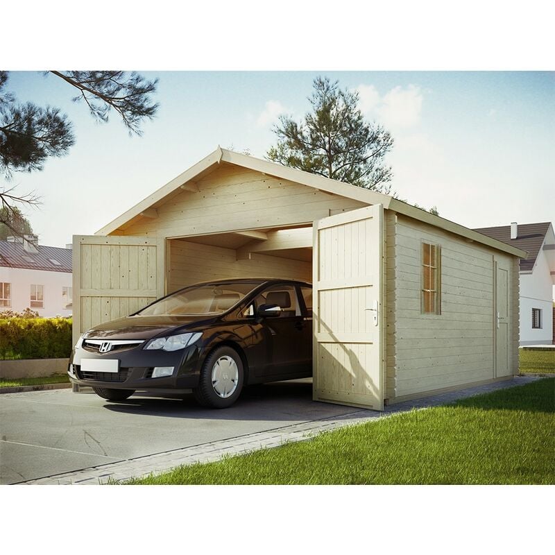 Garage Bois newport Double Porte en Bois 19,2m² - Epaisseur des Madriers : 44mm - Toit Double Pente - Porte de Service - Abris Voiture