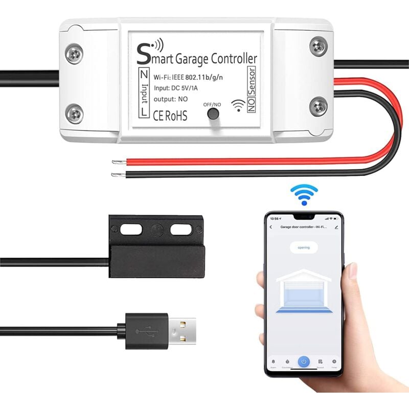 Garage Connecté WiFi, Maxcio Interrupteur de Porte de Garage Intelligent WiFi Compatible avec Google Home, Contrôlé à Distance, Fonction de Minuterie