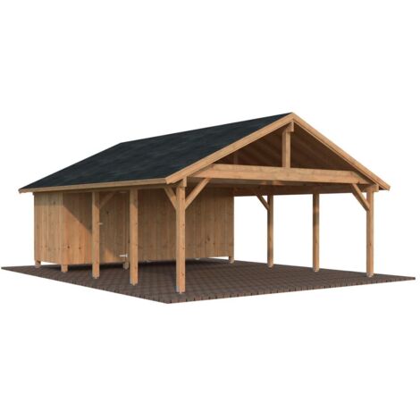Garage en bois 40,6 m² avec abri rangement – Épicéa nordique – Poteaux lamellé-collé 120x120mm – Hauteur 363cm – Montage facile en kit – Palmako