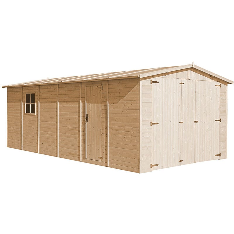 Timbela - Garage en bois M102 - 18 m² - Extérieures H222 x 616 x 324 cm - Construction de panneaux en bois naturel