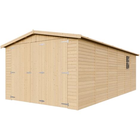 Timbela – Garage en bois 18 m² M102 – Dimensions H222 x L616 x P324 cm – Panneaux en pin nordique 17 mm – Toit OSB-3 résistant à l'eau