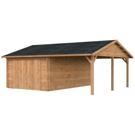 Garage en bois Roger 19,0+16,2 m2 porte bois Traité Marron