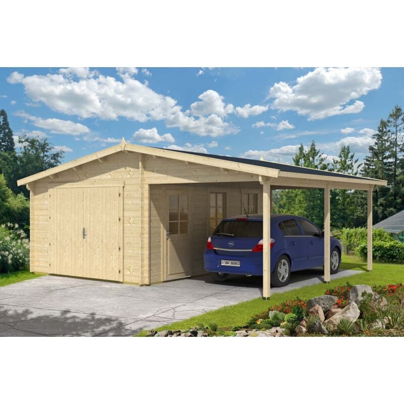 Garage individuel en bois avec carport Alpholz 44 ISO Marron Imprégné, mm Épaisseur de paroi 685 x 575 cm