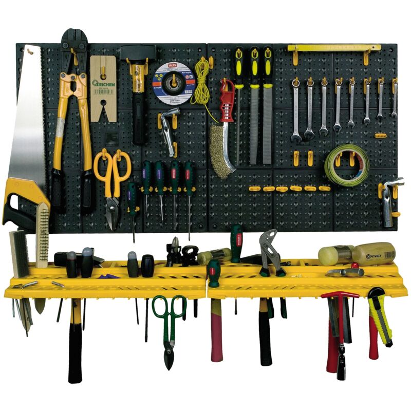 2 panneaux en polypropylène l 500 x h 500 mm + 2 étagères + 50 crochets assortis - Noir jaune