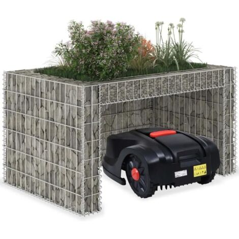 Garage pour robot tondeuse avec bac à plantes : toit en fil d'acier pelouse, plate-bande surélevée 110 x 80 60 cm, – Protection contre le vent et les intempéries -