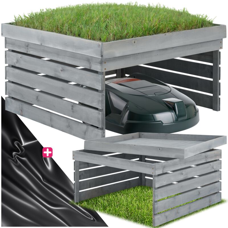 tectake® Rasenmäher-Roboter-Garage , gebeizte Kiefernlatten, wetterfest, Dach zum Bepflanzen, 84 x 78 x 46 cm