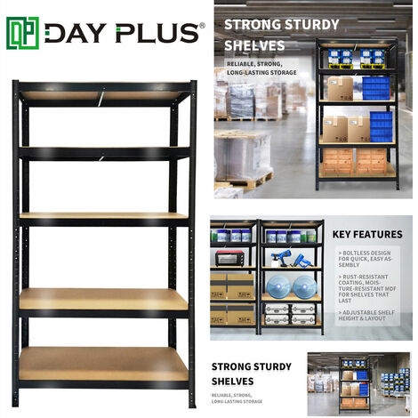 DAYPLUS Garage Shelving Unit - 150 x 70 x 30 cm, Black 5 Tier Metal Shelving (175KG Per Shelf), 875KG Capacity, Heavy Duty Boltless Racking Storage Shelves, For Home/Shed/Workshop/Office/Supermarket