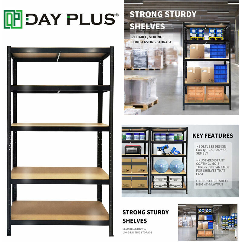 Dayplus - Garage Shelving Unit - 150 x 70 x 30 cm, Black 5 Tier Metal Shelving (175KG Per Shelf), 875KG Capacity, Heavy Duty Boltless Racking Storage