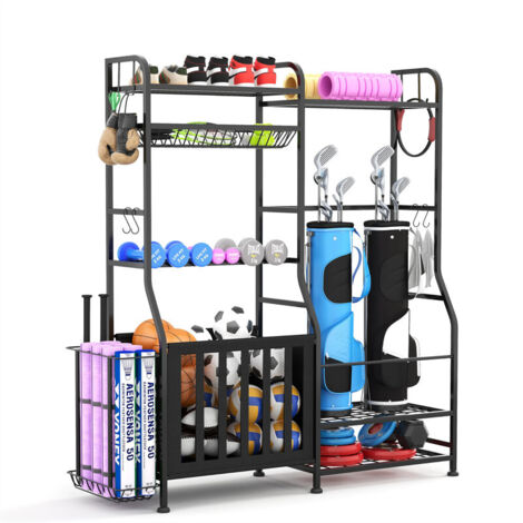 Garage Sport Equipment Organizer, Ball Storage Cart with Hook, Steel Sport Rack for Basketball, Football, Golf, Toys, Dumbbells, Mental All-in-One Yoga Mat Holder