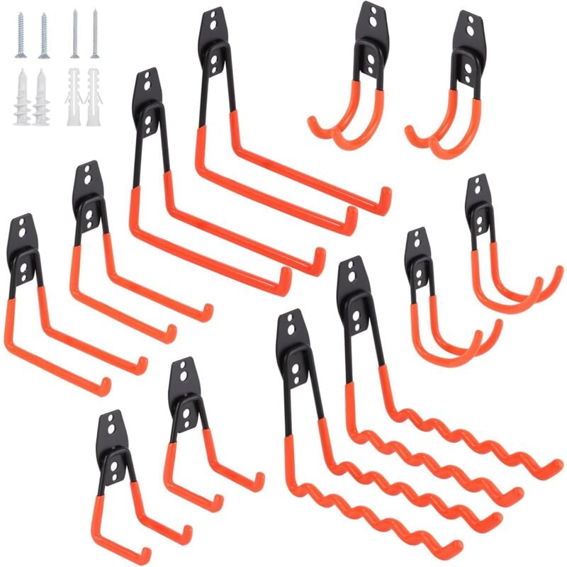 Csparkv - Garage Storage Hooks, 12 Pack Heavy Duty Wall Hooks with Non-Slip Coating, Square Hooks, Wave Hooks, for Shovels, Bikes, Tools, Ropes, Lawn