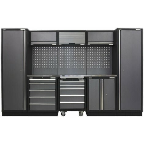Garage Storage System Unit - 3240 x 485 x 2000mm - 38mm Stainless Steel Worktop