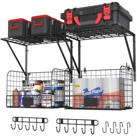 Garage Wall Shelves 2 Pack with Wire Baskets Hooks Storage