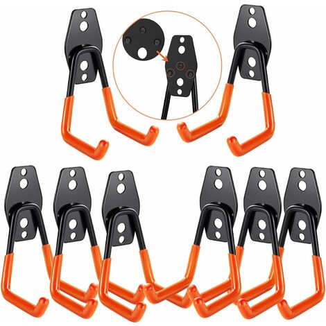 Garagen-Wandhaken, 8-teiliger Stahl-Garagen-Aufbewahrungs-Doppelhaken, Garagen-Aufbewahrungshaken für Elektrowerkzeuge, Leitern, Stühle, Sportgeräte (Orange)