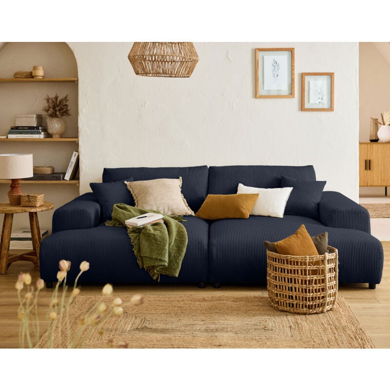 Lisa Design - Garance - canapé droit 4 places double méridienne - assise profonde - en velours côtelé - bleu nuit