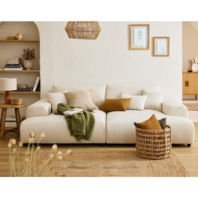 Lisa Design - Garance - canapé droit 4 places double méridienne - assise profonde - en velours côtelé - beige