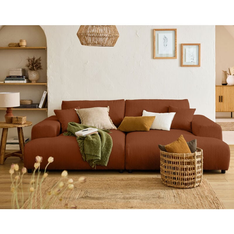 Lisa Design - Garance - canapé droit 4 places double méridienne - assise profonde - en velours côtelé - terracotta