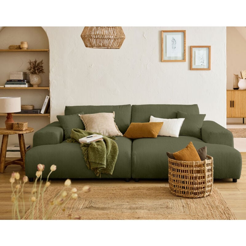 Lisa Design - Garance - canapé droit 4 places double méridienne - assise profonde - en velours côtelé - vert