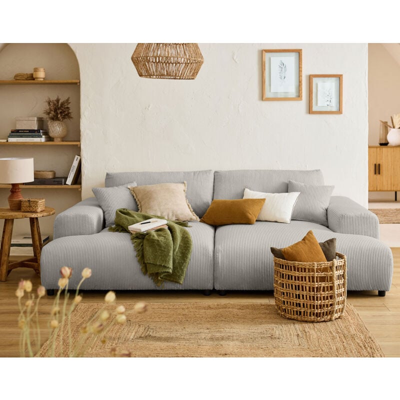 Lisa Design - Garance - canapé droit 4 places double méridienne - assise profonde - en velours côtelé - gris clair