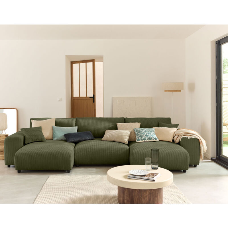 Lisa Design - Garance - canapé panoramique en u - 7 places - en velours côtelé - vert