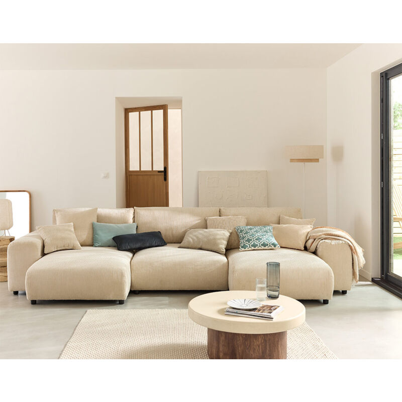 Lisa Design - Garance - canapé panoramique en u - 7 places - en velours côtelé - beige