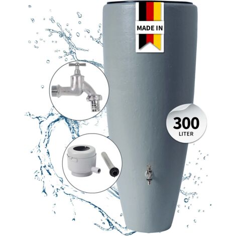 GARANTIA 2in1 Wasserbehälter Komplett-Set 300 Liter zinkgrau inkl. Chrom-Auslaufhahn und Fallrohranschluss