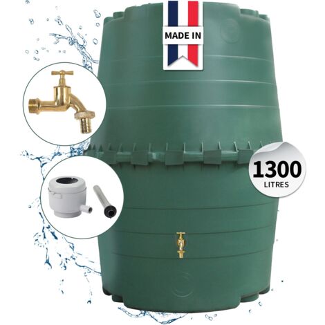 Garantia – Récupérateur d'eau de pluie 1300 L – Polypropylène recyclé – Résistant aux UV – Montage rapide avec clips de serrage – Couleur verte