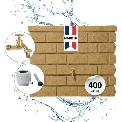 Garantia – Récupérateur d'eau de pluie 400L – Imitation pierre – Montage mural sans perçage – Robinet laiton inclus – Écologique et recyclable