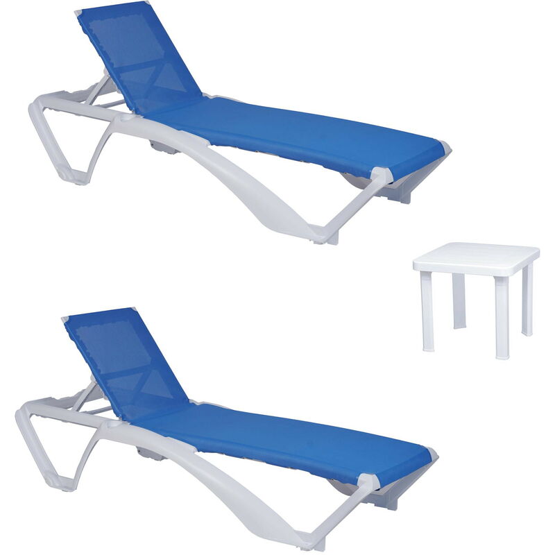 garbar ACQUA-ANDORRA Chaise Longue-Table Auxiliaire Extérieur Set 2+1 Structure Blanche - Textilène Bleu